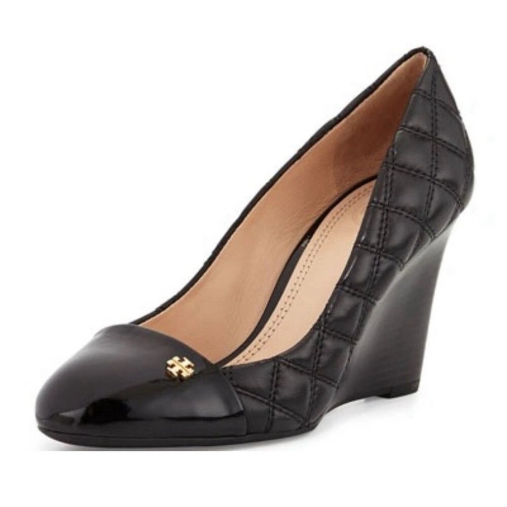 TORY BURCH Claremont Black Leather Quilted Almond Captoe Wedges, Size 7.5